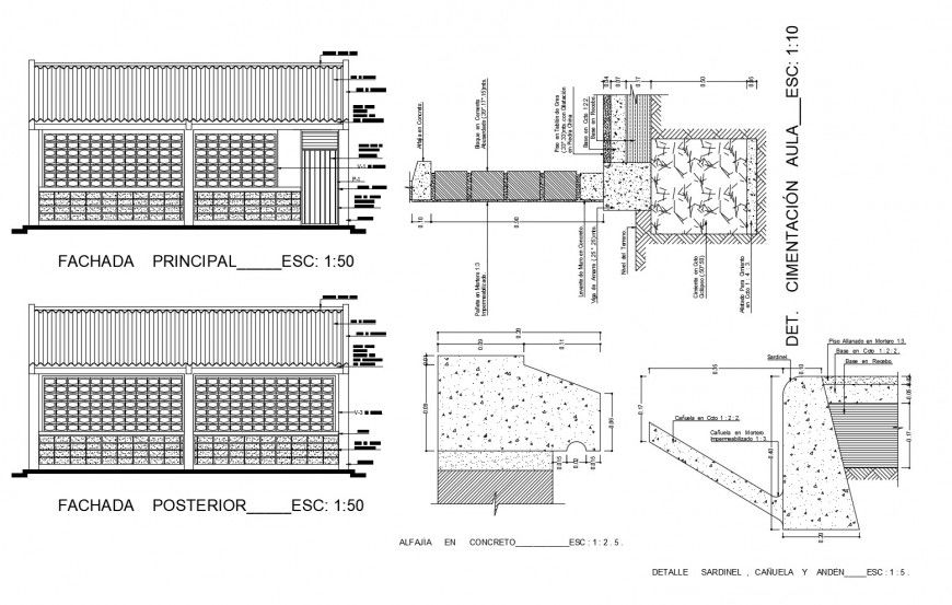 Classroom main and back elevation and construction cad drawing details dwg file