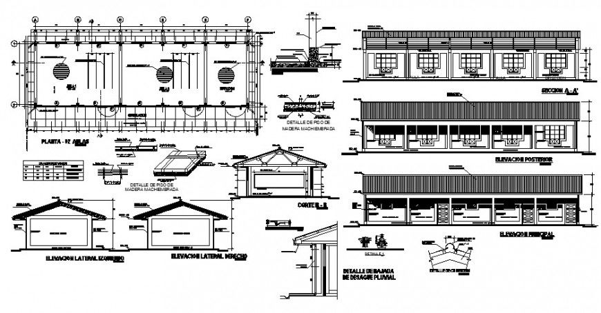 Classroom of college elevation, section, plan and structure cad drawing details dwg file