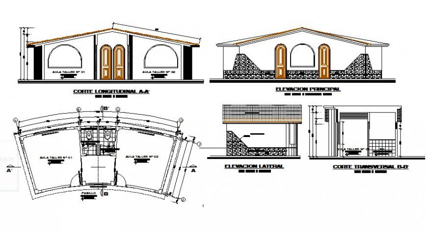Classroom plan elevation and section view in auto cad
