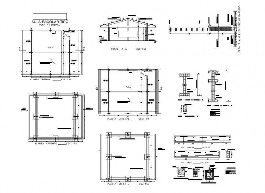 Classroom section, foundation and structure cad drawing details dwg file