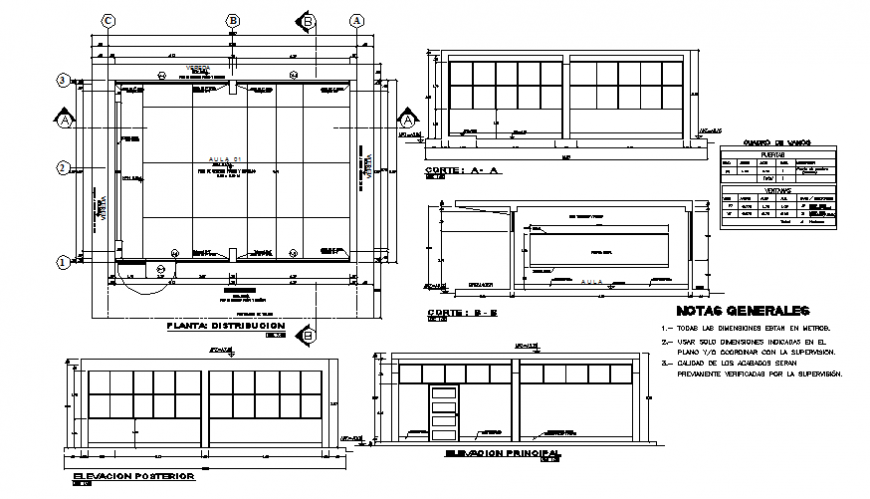 Classrooms elevation, section and distribution plant details dwg file