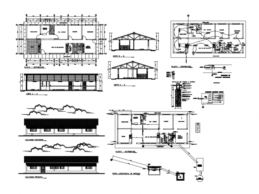 Clinic elevation, section, electrical layout, structure and auto-cad details dwg file