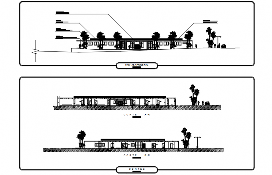 Clinic elevation and different axis section view in AutoCAD file