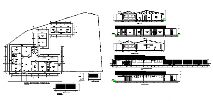 Clinic hospital plan, elevation and section detail dwg file