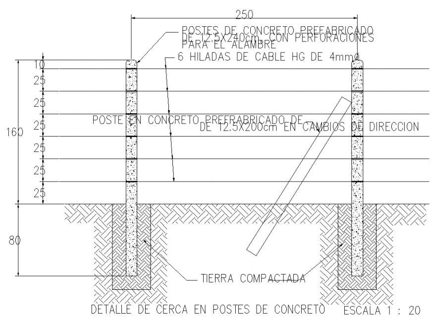 Close detail in concrete posts drawing in dwg AutoCAD file.