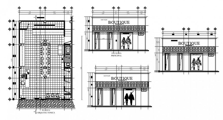 Clothing store with shopping area plan and section view in auto cad