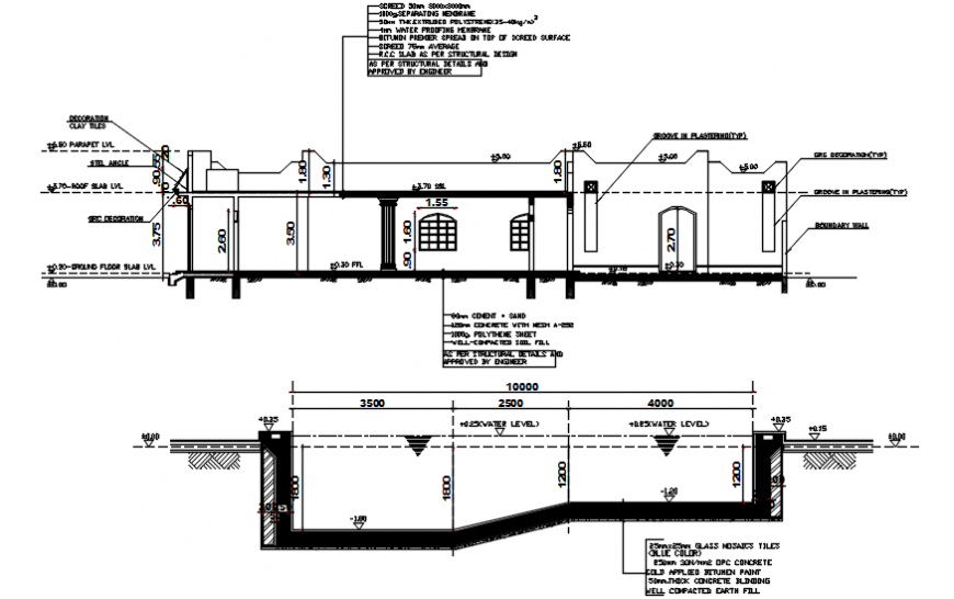 Club house both sided constructive section drawing details dwg file