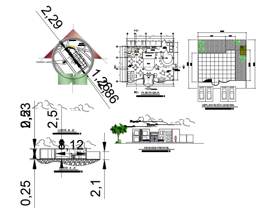 Club house elevation, section plan and auto cad details dwg file