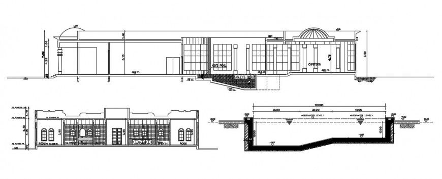 Club house elevation design with swimming pool section plan