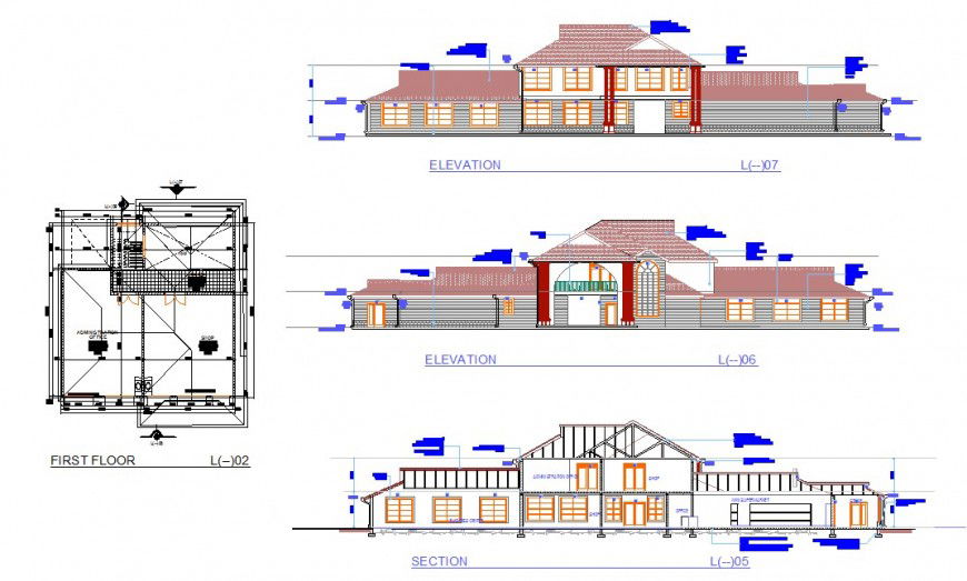 Club house first floor plan, elevation and section layout file