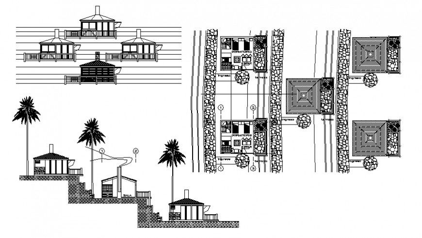 Club house on mountain elevation, section and plan cad drawing details dwg file