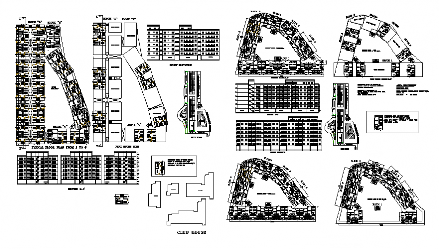 Club house plan, elevation and section detail dwg file