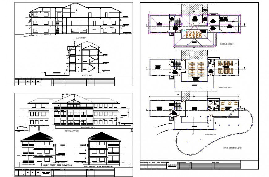 Club house structure detail plan, elevation and section 2d view CAD construction block layout dwg file