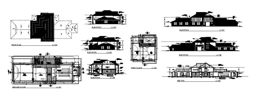 Club house with garden and mini market all sided elevation, section and floor plan cad drawing details dwg file