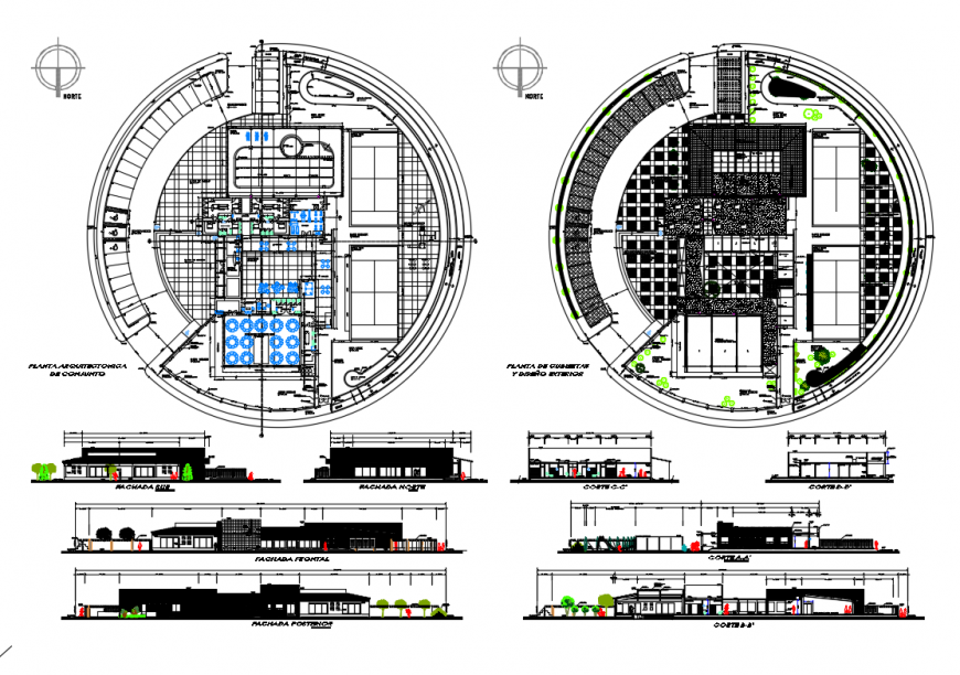 Clubhouse all sided elevation, section and floor plan layout details dwg file