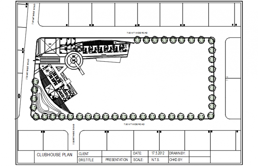 Clubhouse layout plan and landscaping structure drawing details dwg file