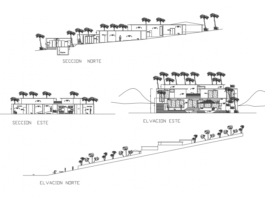 Clubhouse main elevation and all sided section cad drawing details dwg file
