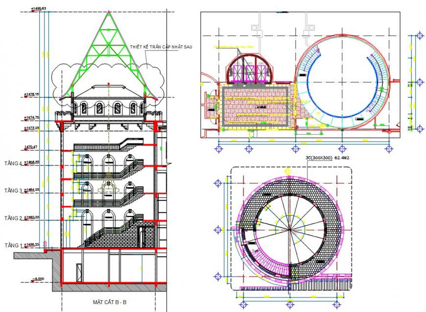 Clubhouse three level main section, plan and structure drawing details dwg file