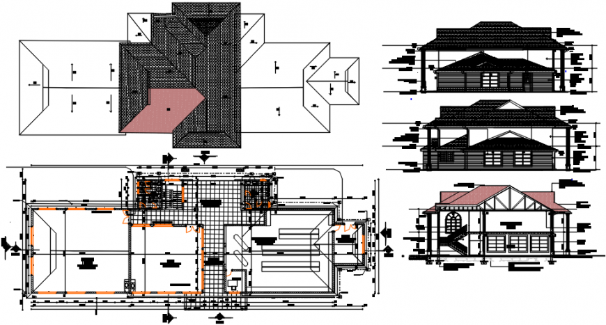 Clubhouse with garden elevation, section and floor plan cad drawing details dwg file