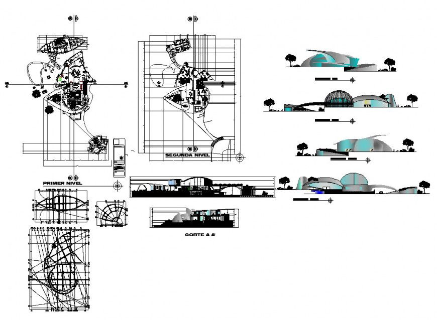 Co-operative building structure plan, elevation and section 2d view layout file in autocad format