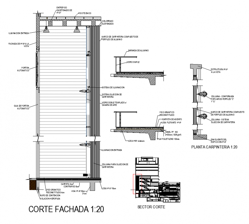 Co-operative center building facade aluminum railing detail 2d view dwg file