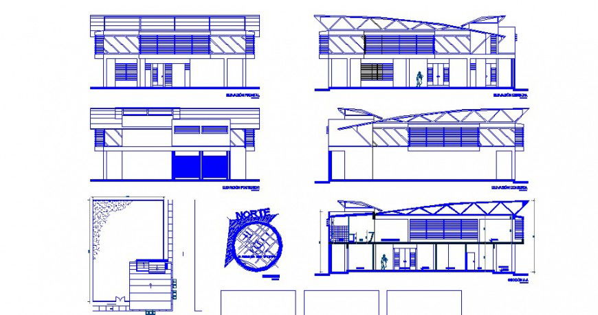 Co-operative office building elevation and sections drawing details dwg file