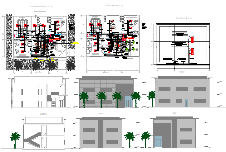 Coffee Administration Building Plan with Sections and Elevation Views