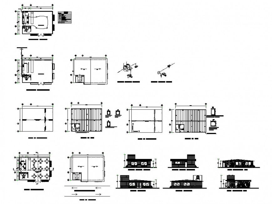 Coffee-shop building detail plan and elevation 2d view layout file in autocad format
