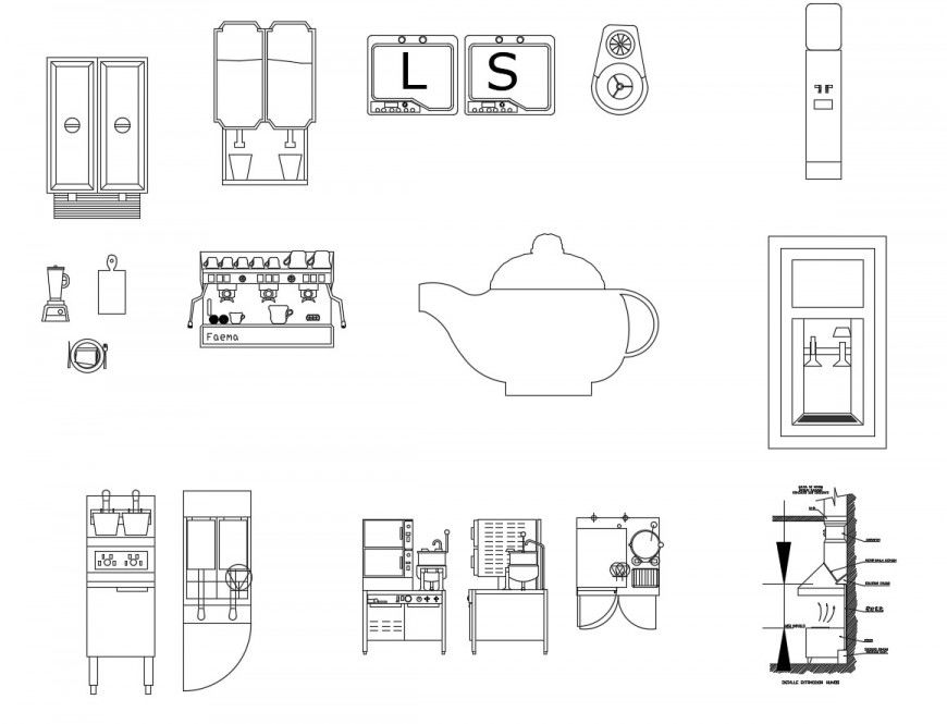 Coffee machines and kitchen equipment elevation blocks cad drawing details dwg file