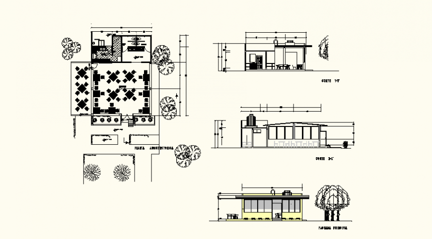 Coffee shop detail elevation and section dwg file