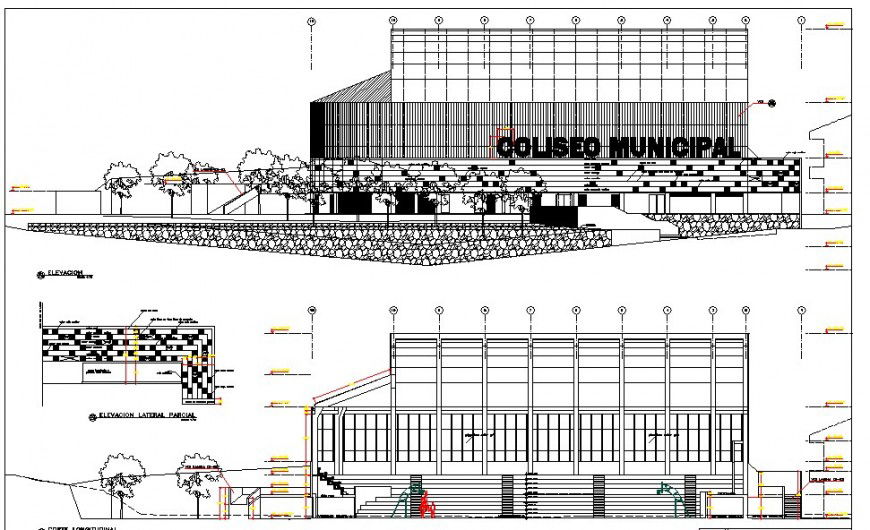 Coliseo municipal elevation and section planning autocad file