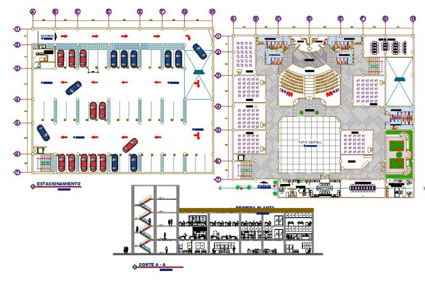 Collage building structure detail plan and sectional detail 2d view layout autocad file