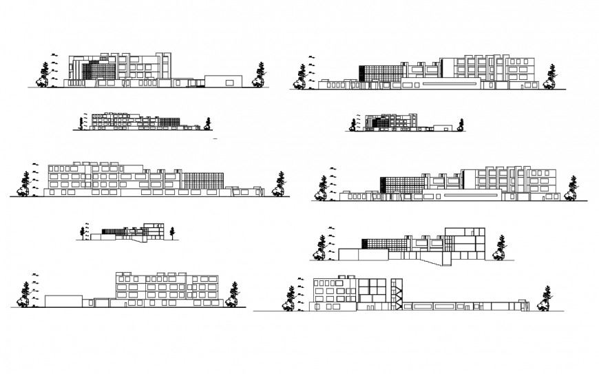 College building all sided elevation and section cad drawing details dwg file