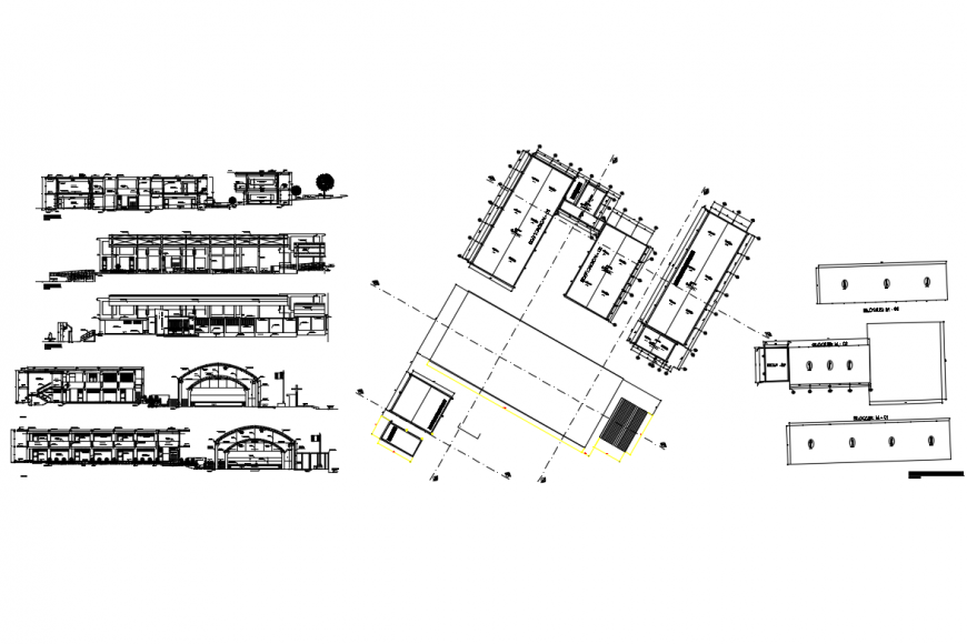 College building campus all sided elevations and section details dwg file