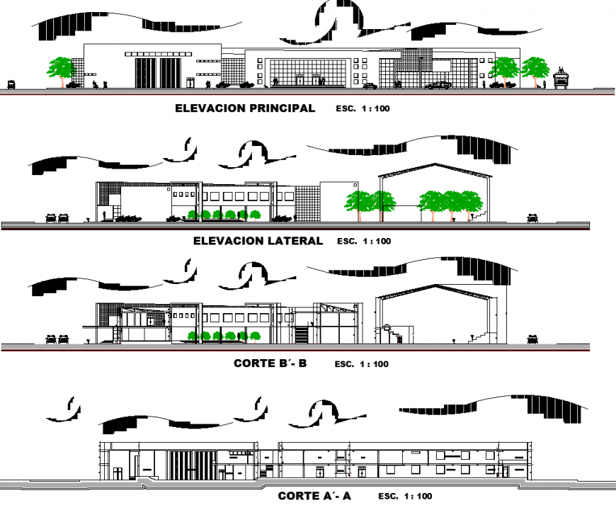 College building elevation and section drawing in dwg file.