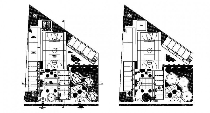 College building layout plan and landscaping structure details dwg file