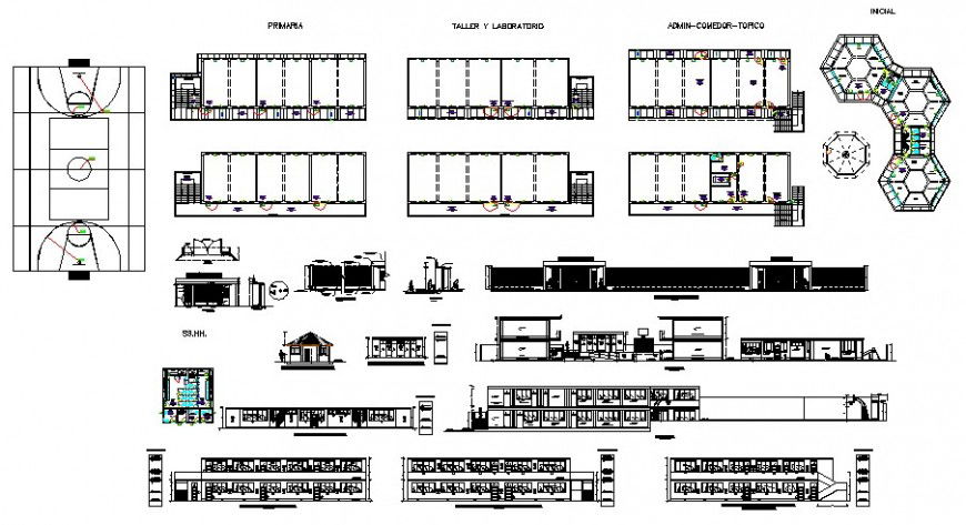 College building model elevation, section, floor plan and structure details dwg file