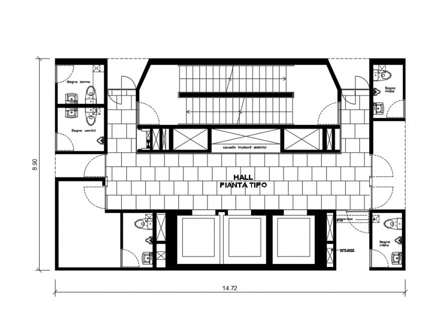 College hall with sanitary vertical section and plan cad drawing details dwg file