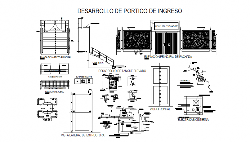 College main gate elevation, doors and windows installation and staircase sectional details dwg file