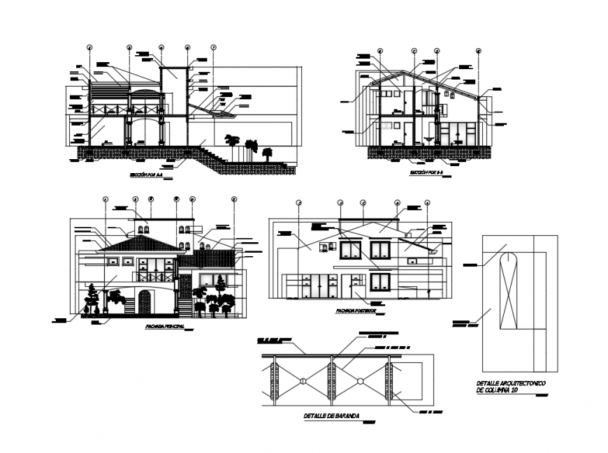 Colonial two story house all sided elevation and sectional details dwg file