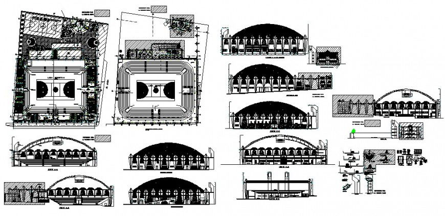 Colosseum with sports center all sided elevation, section, plan and auto-cad details dwg file