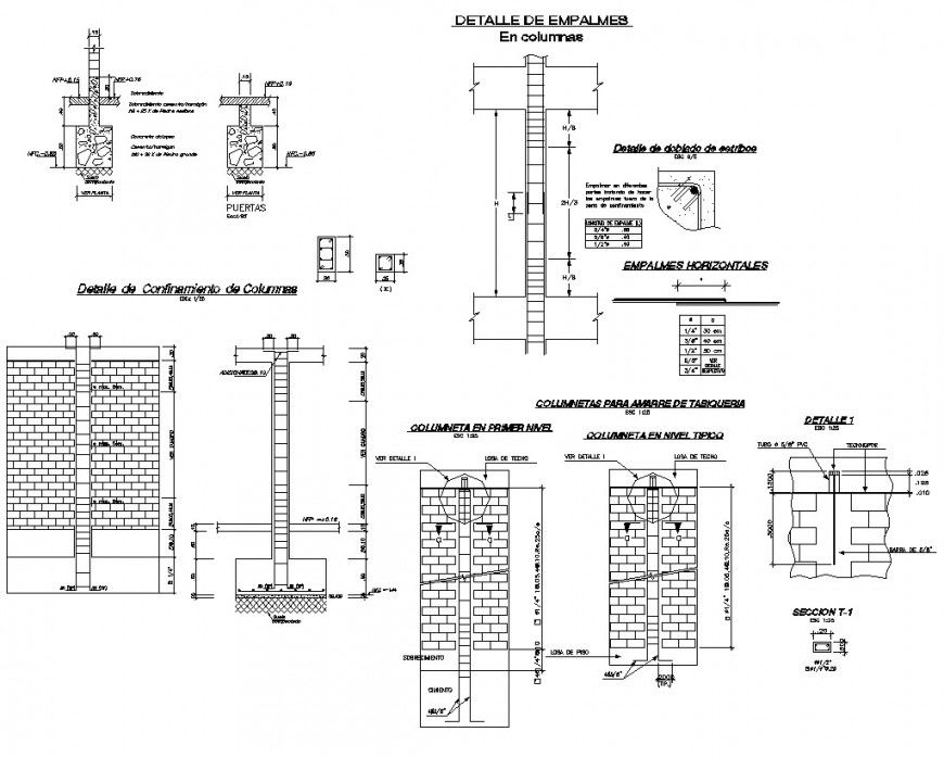 Column and brick masonry wall detail drawings in autocad