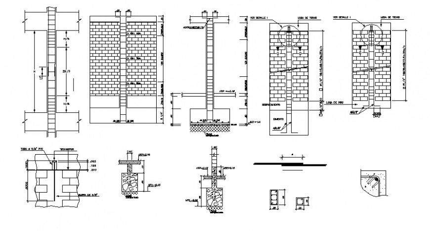 Column and brick masonry wall details drawing in autocad