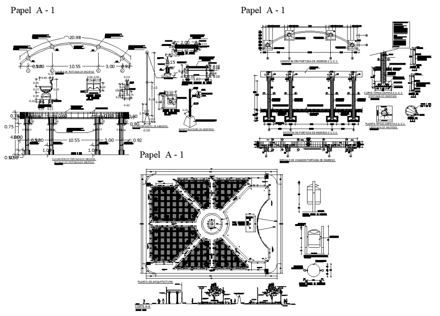 Column and roofing structure detail 2d view layout file