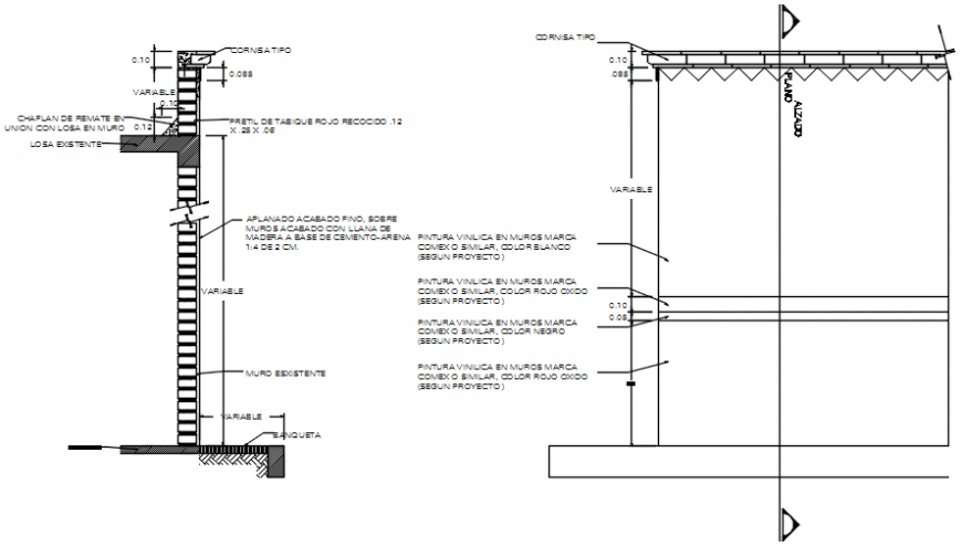 Column and wall with floor level detail of construction in AutoCAD