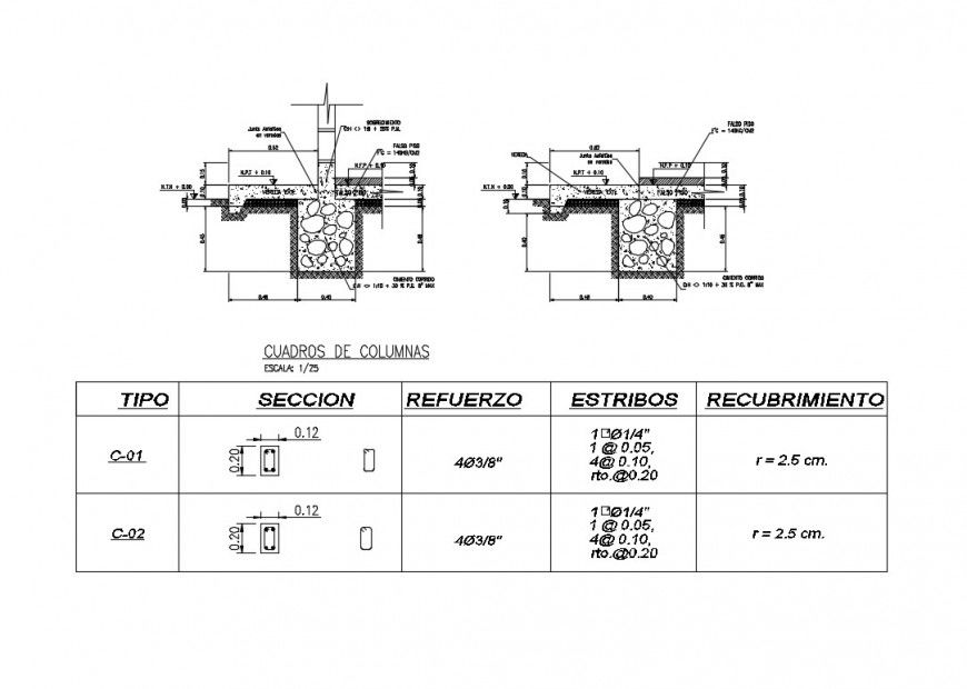 Column construction block detail 2d view layout file in autocad format