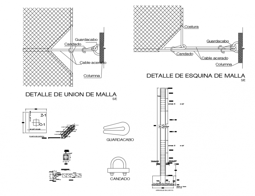 Column constructive section and fence cad drawing details dwg file