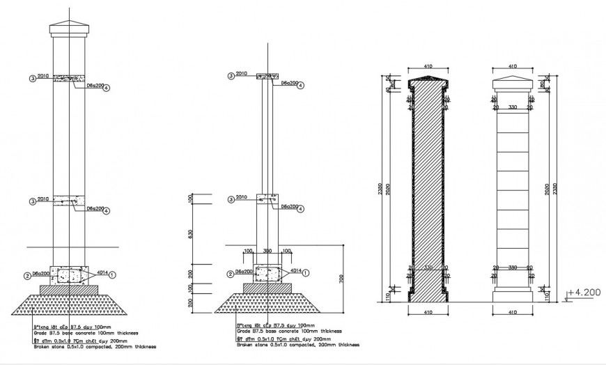 Column design drawing details 2d view elevation dwg file