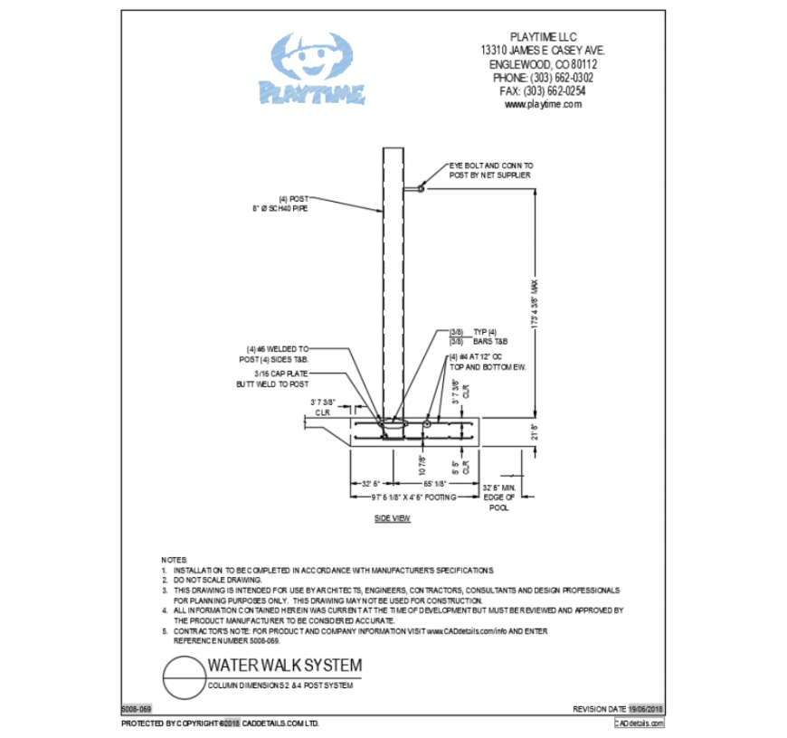 Column dimensions details of two and four post system water bridge dwg file
