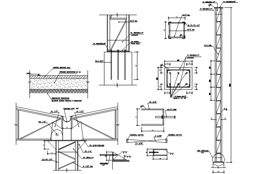 Column footings, section and constructive structure details dwg file
